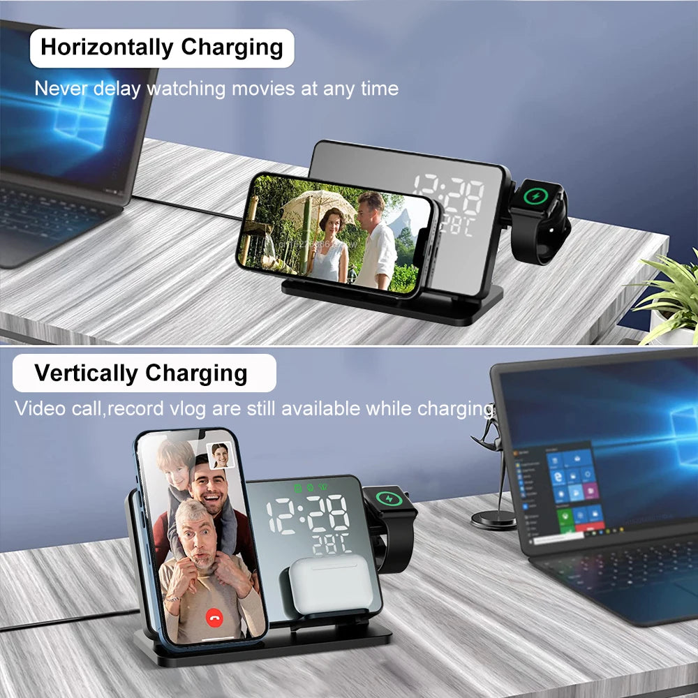 "Kabellose 3-in-1 Ladestation für iPhone, Apple Watch & AirPods, elegantes Design, Qi Schnellladung, Wecker-Display"