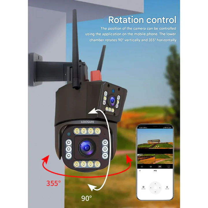 Kabellose 4K-Sicherheitskamera mit 360°-Abdeckung und abnehmbaren Solarpanel, robust und wetterfest für jede Umgebung.