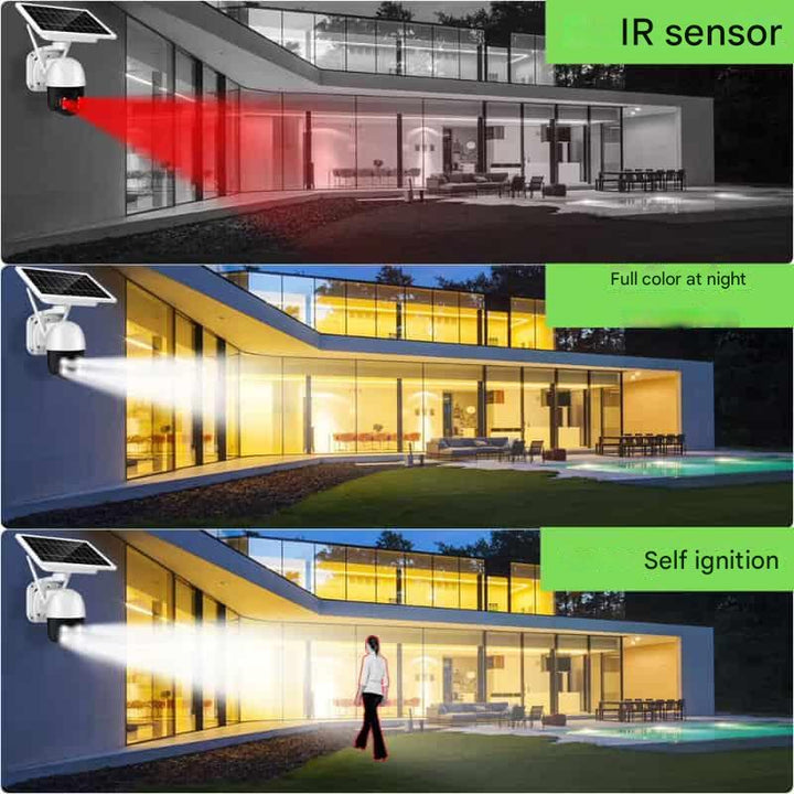 Kabellose 4K-Sicherheitskamera mit 360°-Abdeckung und abnehmbaren Solarpanel, robust und wetterfest für jede Umgebung.