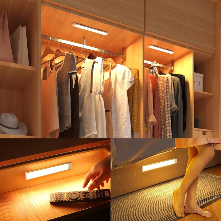 Kabellose LED Sensorleuchte an der Decke mit magnetischer Befestigung, drei Lichtfarben: warmweiß, neutralweiß, kaltweiß.