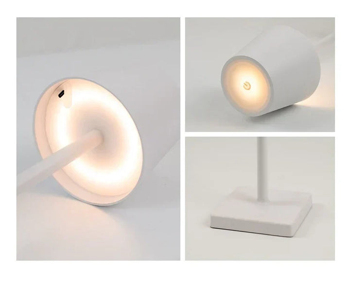 "Kabellose Tischlampe aus Aluminium mit minimalistischer Ästhetik, ideal für Büro oder Wohnzimmer, energiesparende LED."