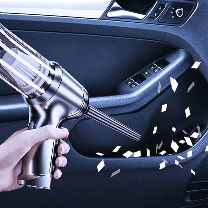 "Kabelloser, kompakter Autostaubsauger mit starker Saugleistung, ideale Reinigungslösung, leicht und tragbar, in Silber."