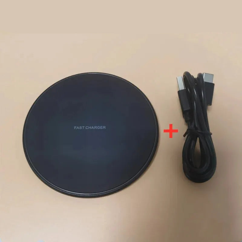 "Kabelloses 30W Induktions-Ladegerät in Schwarz-Weiß, schlankes Design, kompatibel mit iPhone & Android für schnelles Laden."