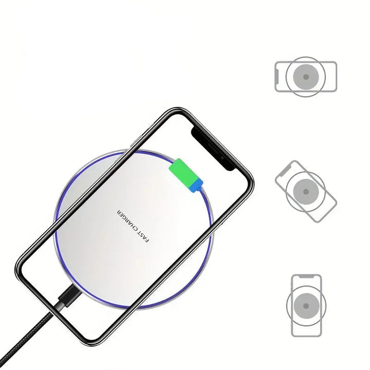 "Kabelloses 30W Induktions-Ladegerät in Schwarz-Weiß, schlankes Design, kompatibel mit iPhone & Android für schnelles Laden."