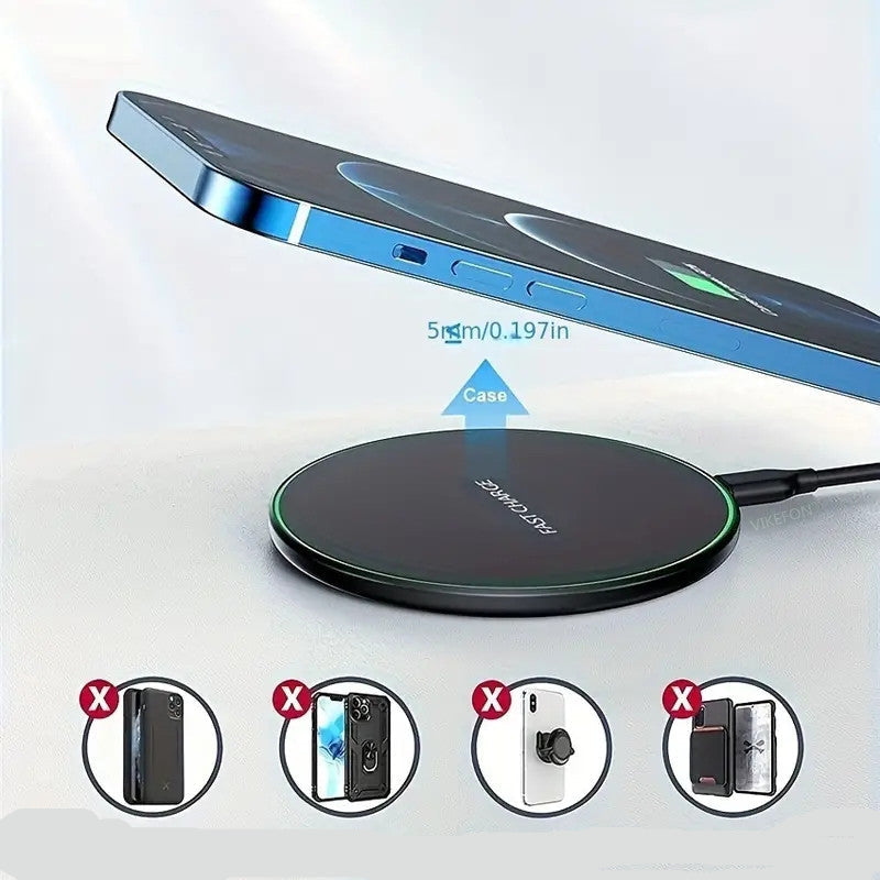 "Kabelloses 30W Induktions-Ladegerät in Schwarz-Weiß, schlankes Design, kompatibel mit iPhone & Android für schnelles Laden."