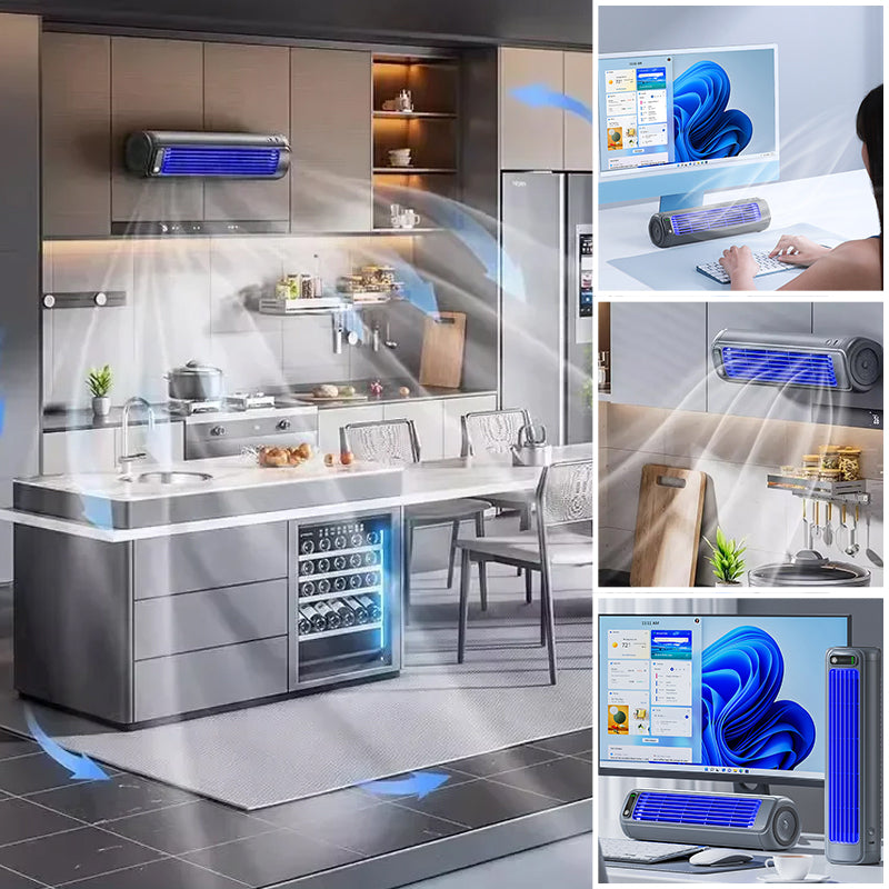 Kabelloses klimagerät, kompakt, tragbar, weiß, ideal für mobile Abkühlung, effizient für kleine Räume, lange Akkulaufzeit.