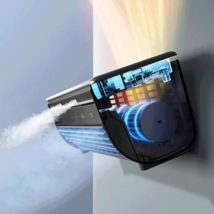 Kabelloses klimagerät, kompakt, tragbar, weiß, ideal für mobile Abkühlung, effizient für kleine Räume, lange Akkulaufzeit.