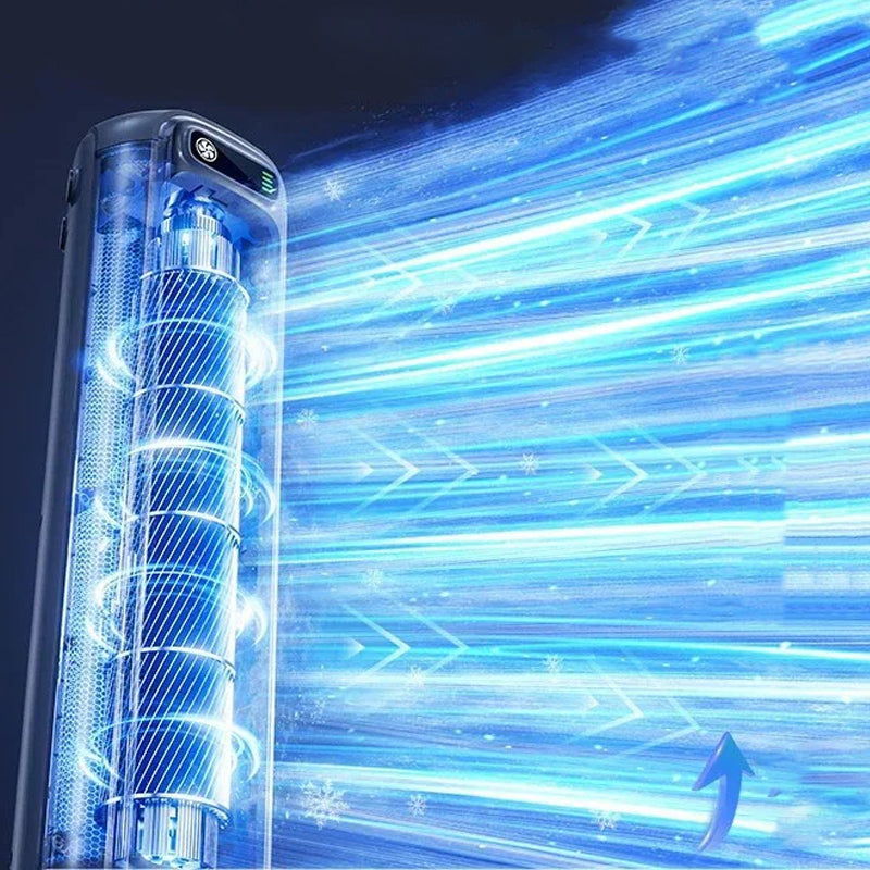 Kabelloses klimagerät, kompakt, tragbar, weiß, ideal für mobile Abkühlung, effizient für kleine Räume, lange Akkulaufzeit.