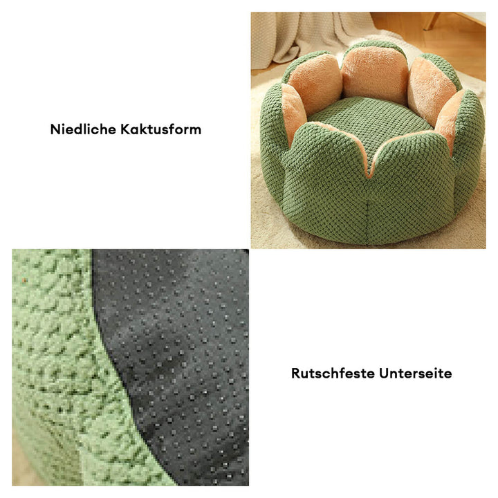 "Kaktus Haustierruheplatz: Katzenbett in Kaktusform, bequemes Kissen, einzigartige Dekoration, Farben Braun/Grün/ Lila."
