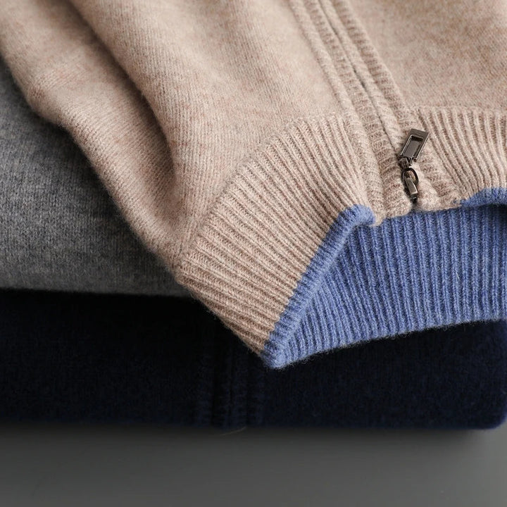 "Kaschmir-Herrenjacke mit Reißverschluss, in Grau, körperbetont geschnitten, stilvoll und weich für Freizeit und Büro"