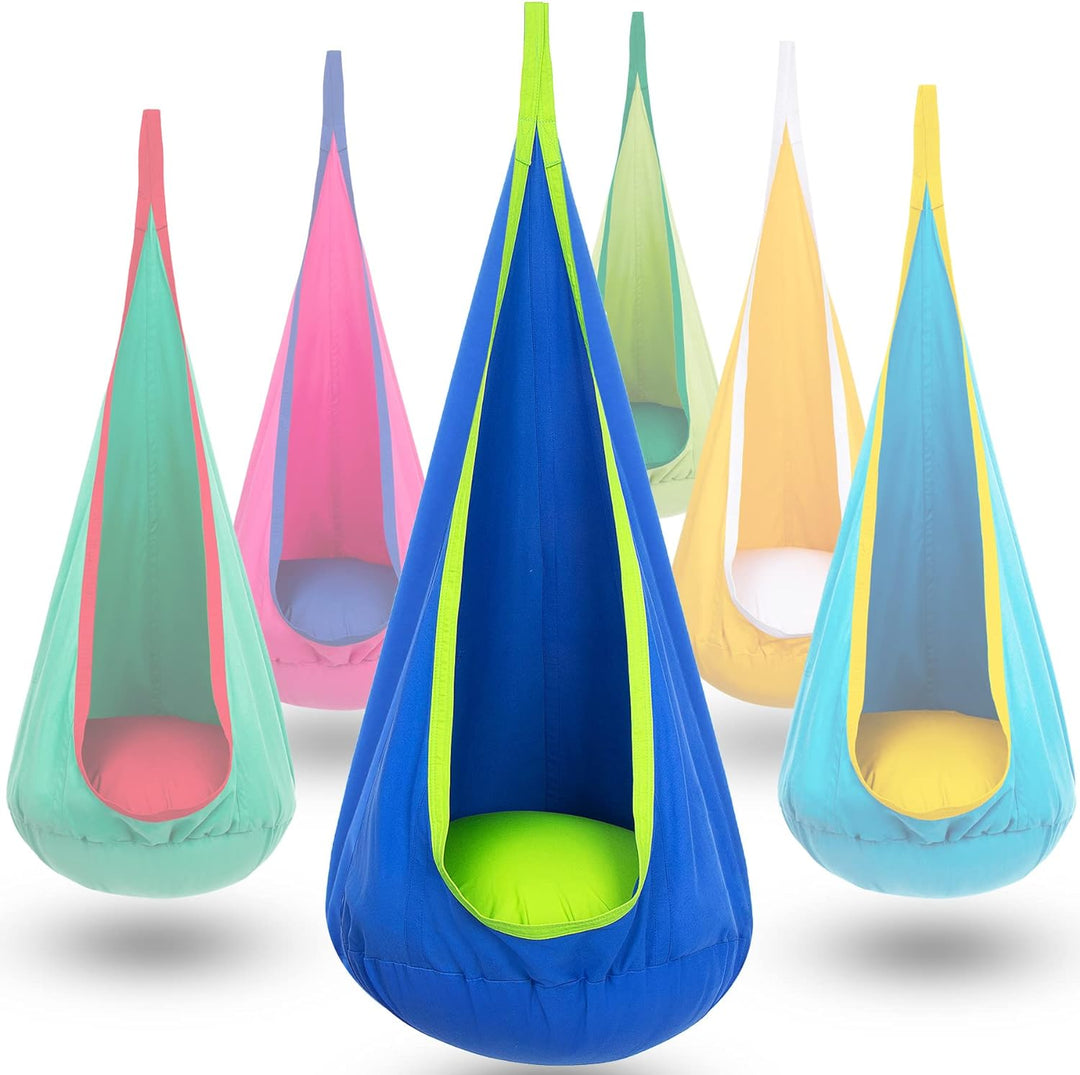 "Kinder-Hängesessel im Garten, Blau/Grün, aus robustem Material mit aufblasbarem Kissen, ideal für drinnen und draußen"