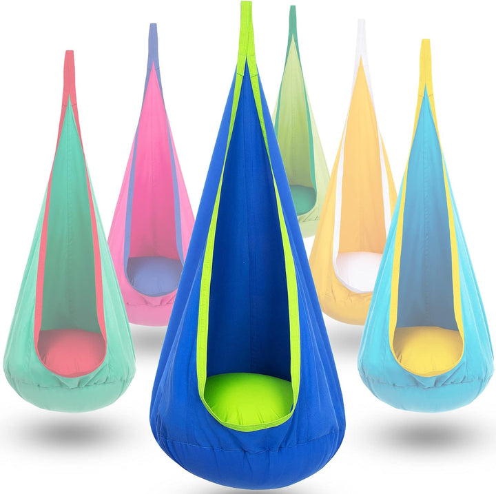 "Kinder-Hängesessel im Garten, Blau/Grün, aus robustem Material mit aufblasbarem Kissen, ideal für drinnen und draußen"