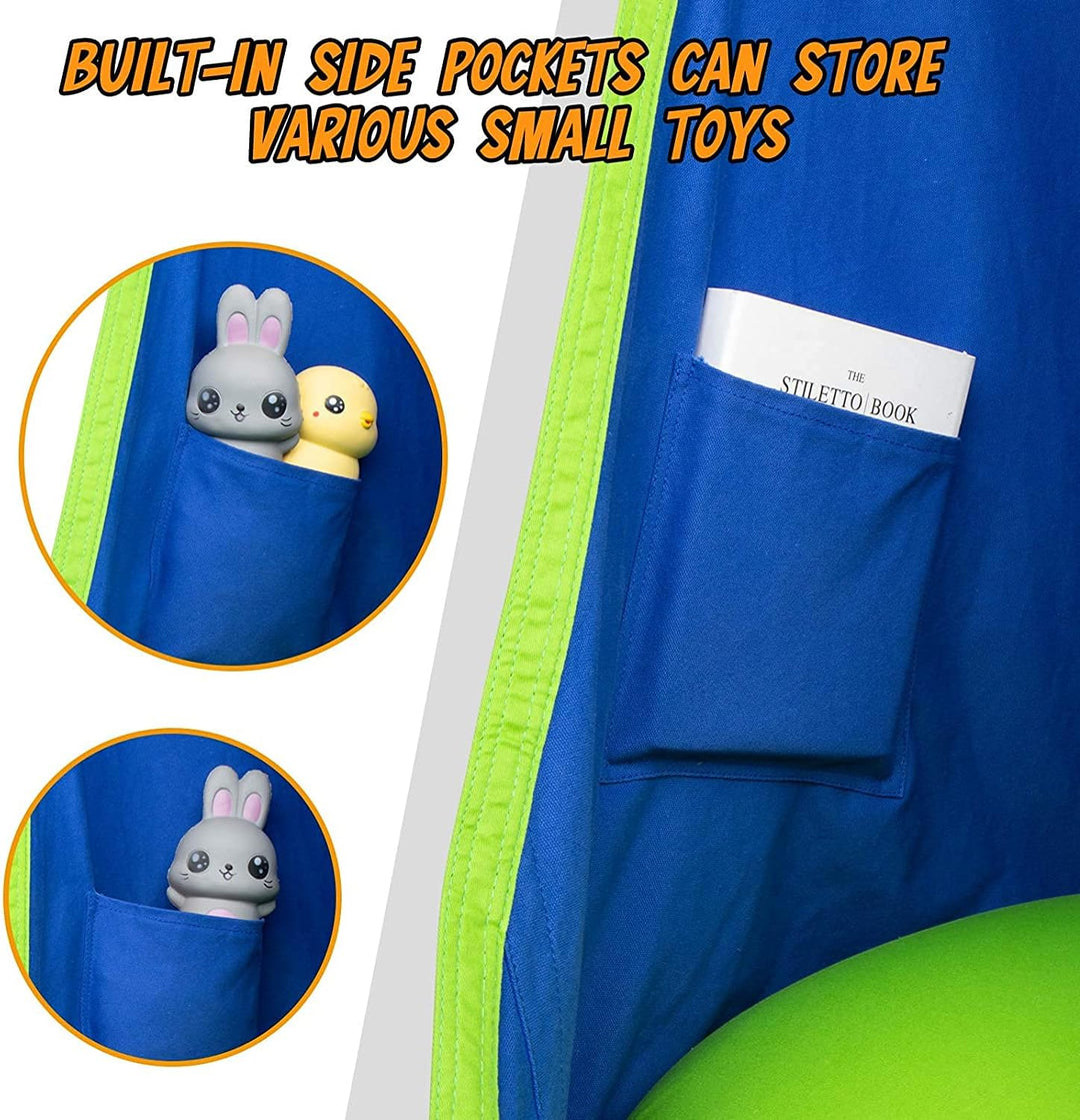 "Kinder-Hängesessel im Garten, Blau/Grün, aus robustem Material mit aufblasbarem Kissen, ideal für drinnen und draußen"