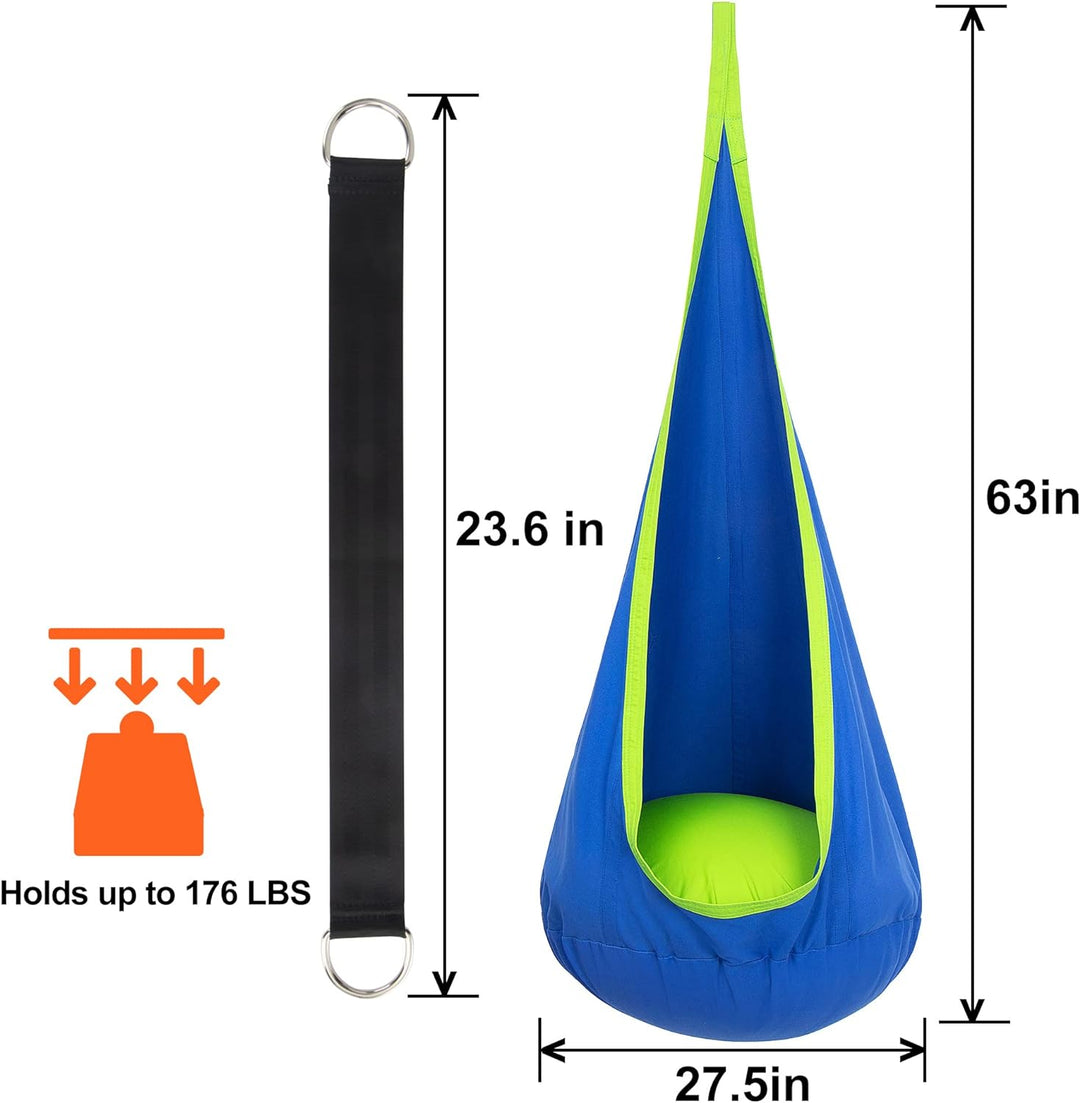 "Kinder-Hängesessel im Garten, Blau/Grün, aus robustem Material mit aufblasbarem Kissen, ideal für drinnen und draußen"