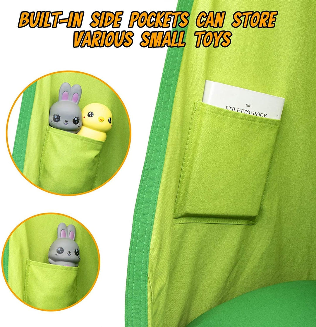 "Kinder-Hängesessel im Garten, Blau/Grün, aus robustem Material mit aufblasbarem Kissen, ideal für drinnen und draußen"