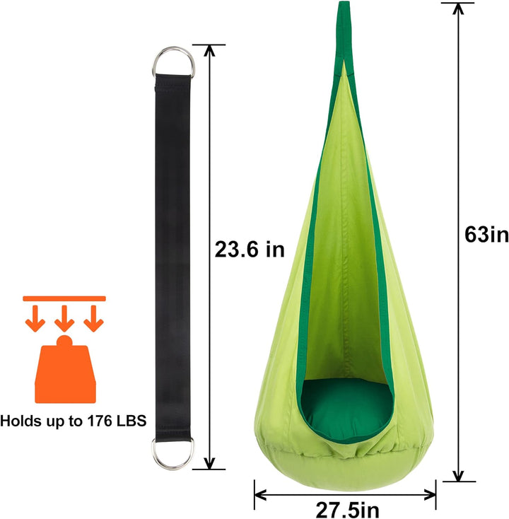 "Kinder-Hängesessel im Garten, Blau/Grün, aus robustem Material mit aufblasbarem Kissen, ideal für drinnen und draußen"