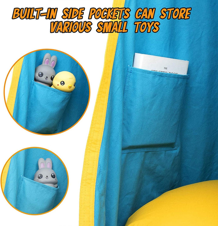 "Kinder-Hängesessel im Garten, Blau/Grün, aus robustem Material mit aufblasbarem Kissen, ideal für drinnen und draußen"