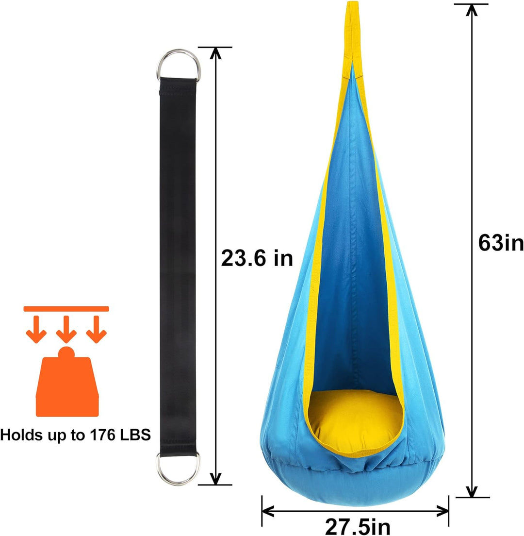 "Kinder-Hängesessel im Garten, Blau/Grün, aus robustem Material mit aufblasbarem Kissen, ideal für drinnen und draußen"