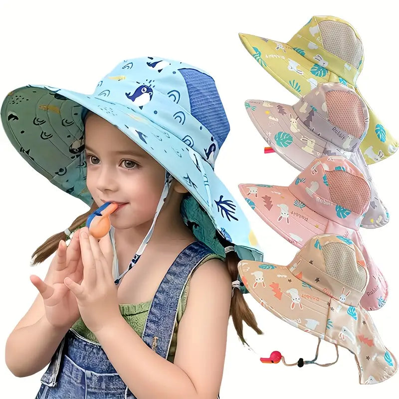"Kinder Sonnenhut mit UPF 50+, breite Krempe & verstellbaren Kinnbändern für optimalen Schutz & Komfort."
