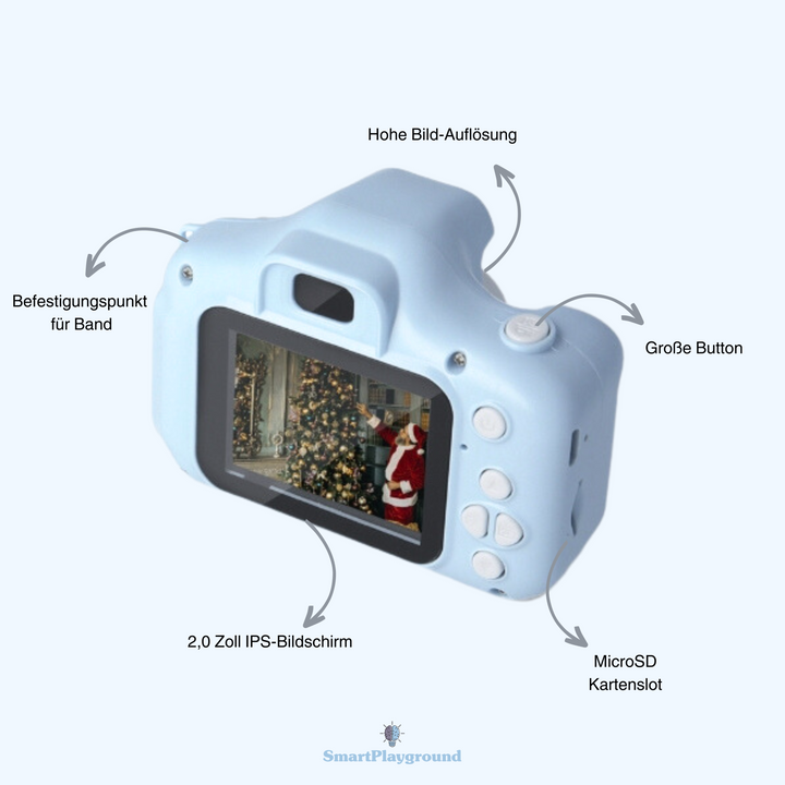 Kinderkamera in Hellblau, Hellrosa, Mintgrün, robustes Design, einfach zu bedienen, ideal für kreative Fotografie.
