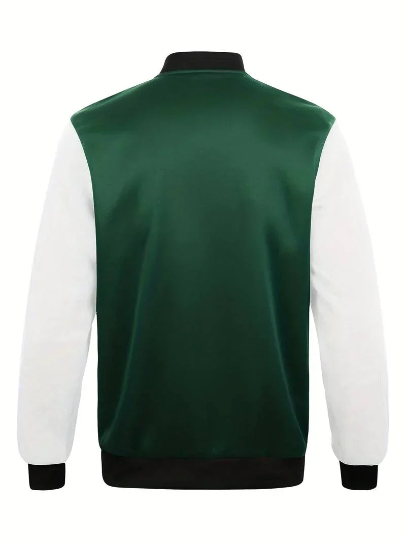 Klassische Herren College-Jacke in ikonischem Design, vielseitig und modern, in Grün, Ingwer oder Schwarz erhältlich.