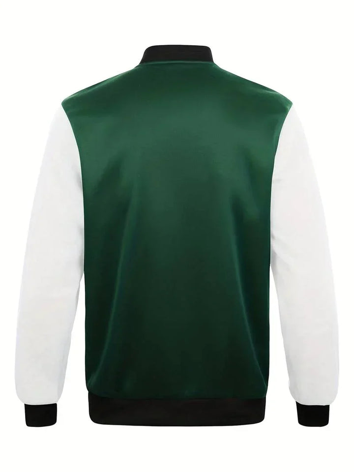 Klassische Herren College-Jacke in ikonischem Design, vielseitig und modern, in Grün, Ingwer oder Schwarz erhältlich.