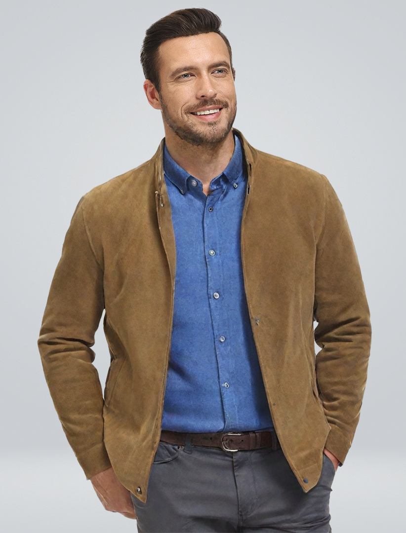 "Klassische Herren Wildlederjacke in Marine, eleganter Schnitt, modern und komfortabel, hochwertige Verarbeitung"