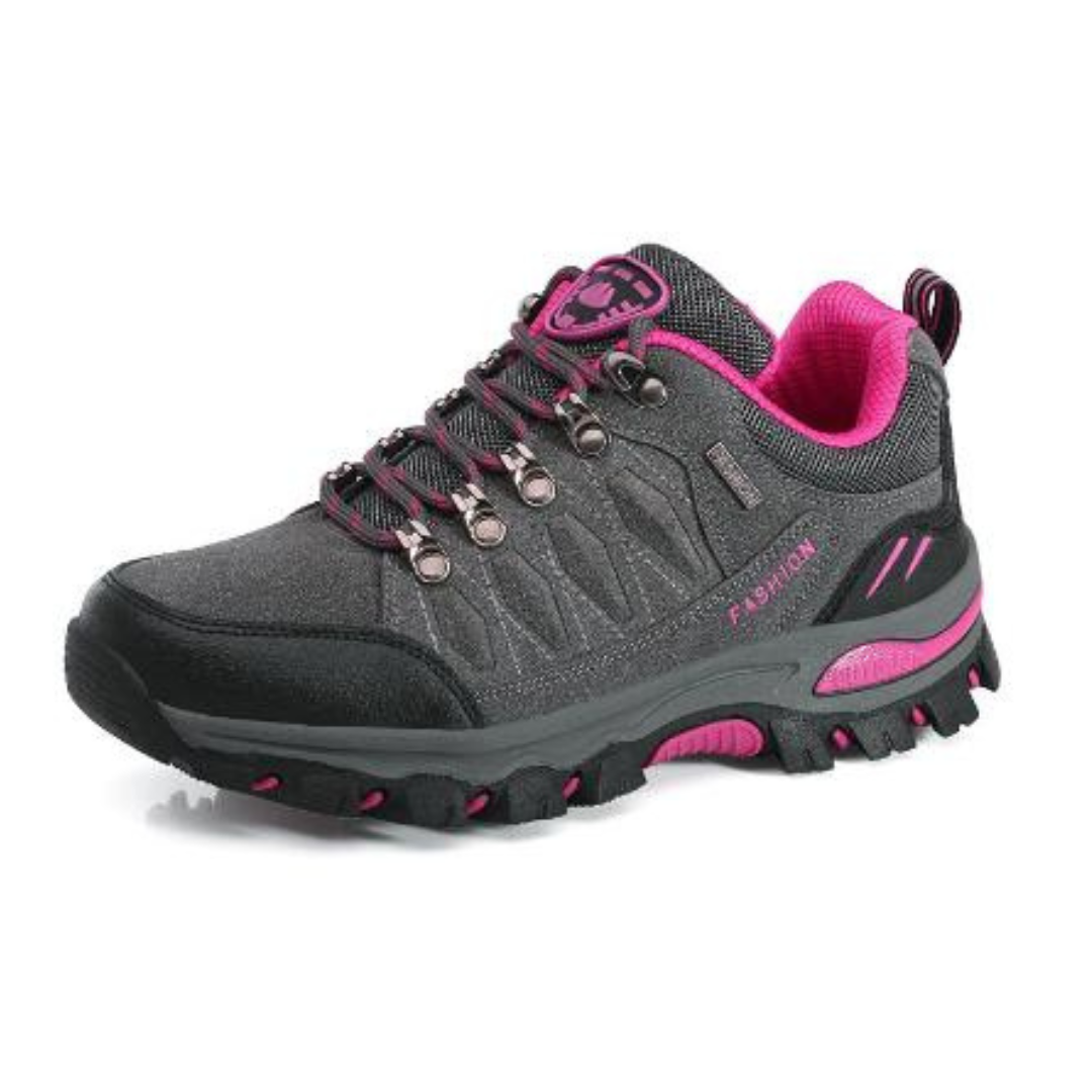 "Klassische orthopädische Damenschuhe, rutschfeste Sohle, ideal zum Wandern, in Grau, Lila, Rosenrot, Schwarz verfügbar."