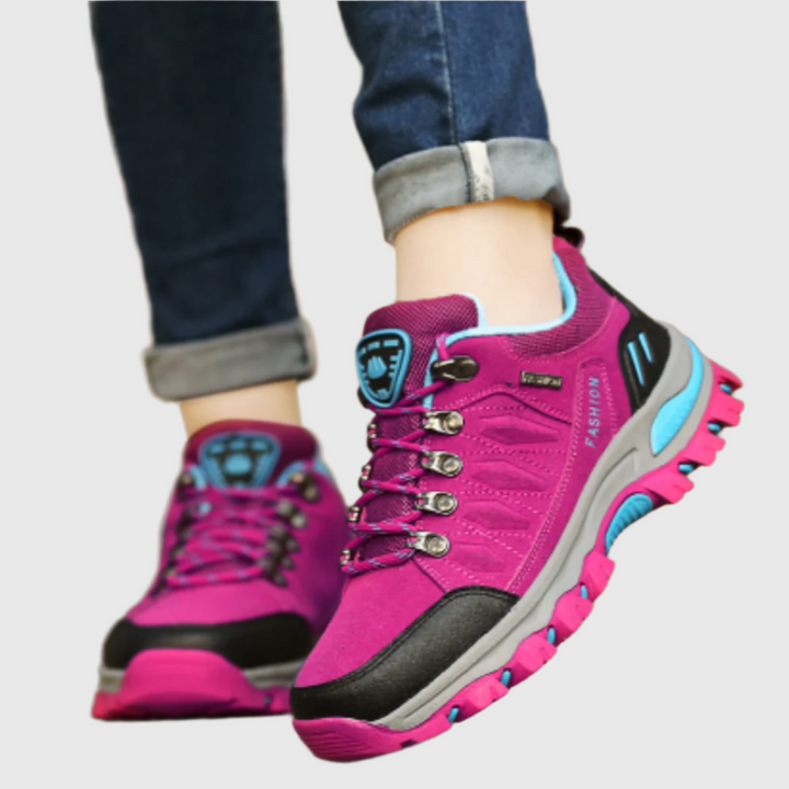 "Klassische orthopädische Damenschuhe, rutschfeste Sohle, ideal zum Wandern, in Grau, Lila, Rosenrot, Schwarz verfügbar."