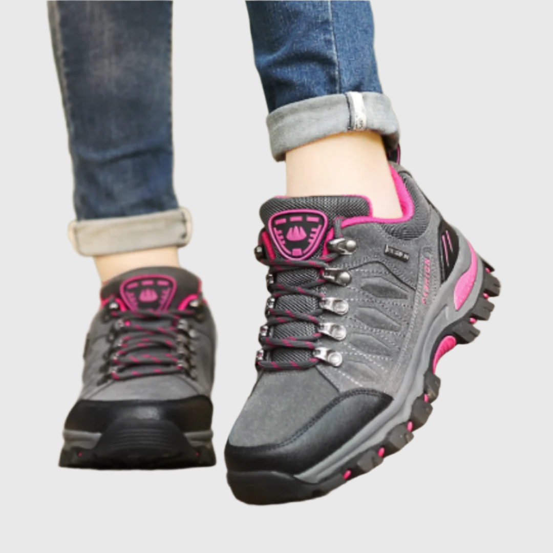 "Klassische orthopädische Damenschuhe, rutschfeste Sohle, ideal zum Wandern, in Grau, Lila, Rosenrot, Schwarz verfügbar."