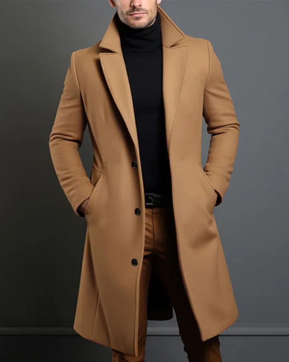 Klassischer Herren Trenchcoat aus Baumwolle in Beige mit verstellbarem Gürtel, ideal für elegante und lässige Anlässe.