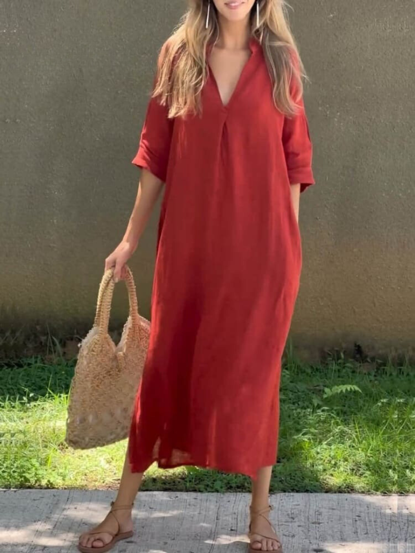 Klassisches Damen Sommerkleid in Midi-Länge mit V-Ausschnitt, fließender Silhouette und femininer Passform für sommerliche El