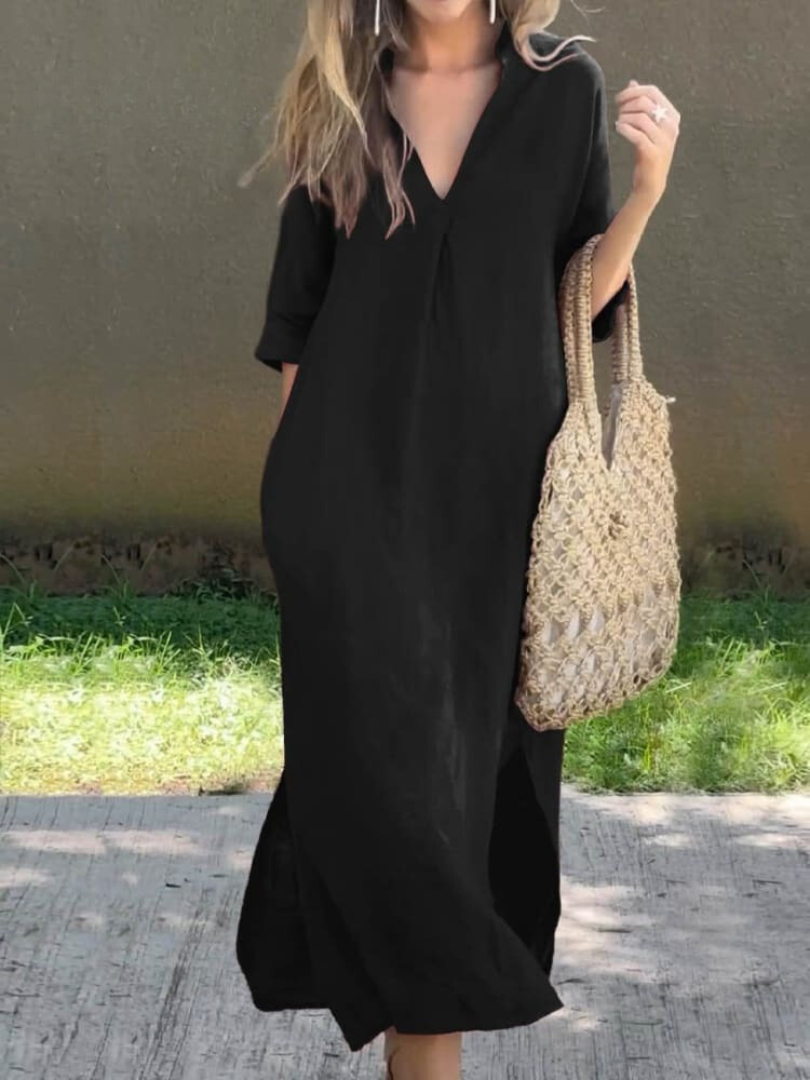 Klassisches Damen Sommerkleid in Midi-Länge mit V-Ausschnitt, fließender Silhouette und femininer Passform für sommerliche El