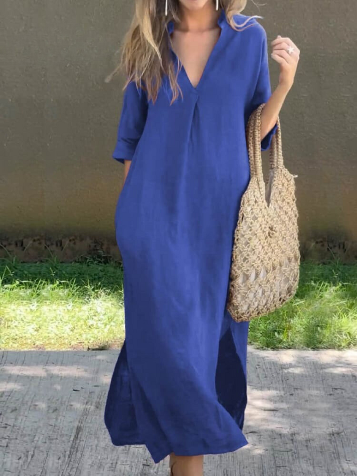Klassisches Damen Sommerkleid in Midi-Länge mit V-Ausschnitt, fließender Silhouette und femininer Passform für sommerliche El