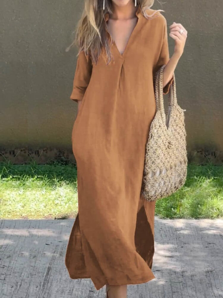 Klassisches Damen Sommerkleid in Midi-Länge mit V-Ausschnitt, fließender Silhouette und femininer Passform für sommerliche El