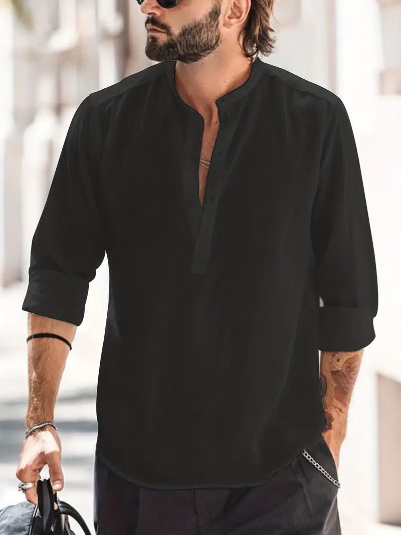 "Klassisches Herren Leinenhemd einfarbig, atmungsaktiver Stoff, Ärmel mit Vintage-Knöpfen, ideal für Casual-Look."