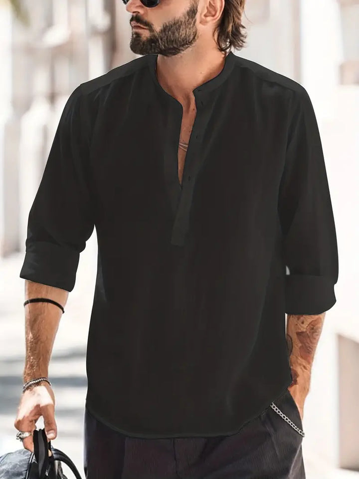 "Klassisches Herren Leinenhemd einfarbig, atmungsaktiver Stoff, Ärmel mit Vintage-Knöpfen, ideal für Casual-Look."