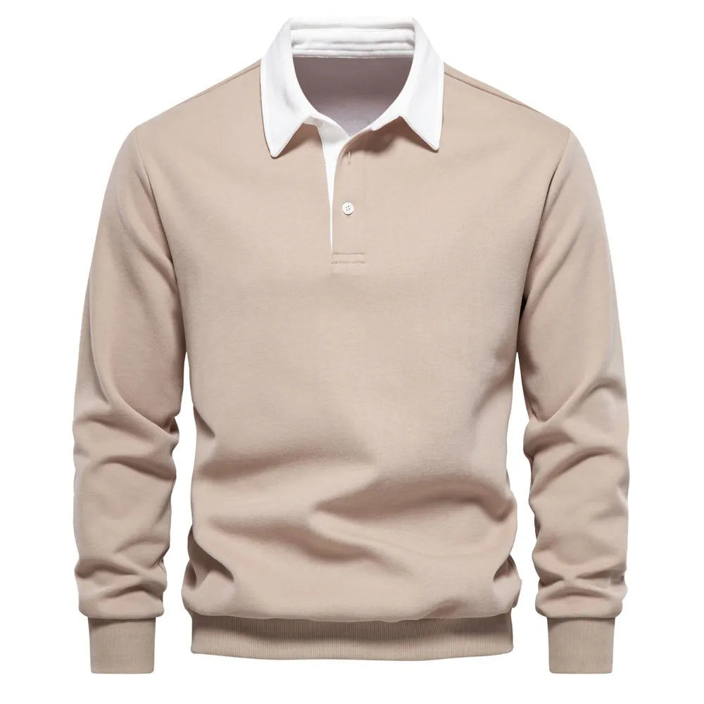 "Klassisches Rugby-Poloshirt für Herren, marineblau mit weißem Kragen, aus Baumwollmischung, sportlich-elegant."