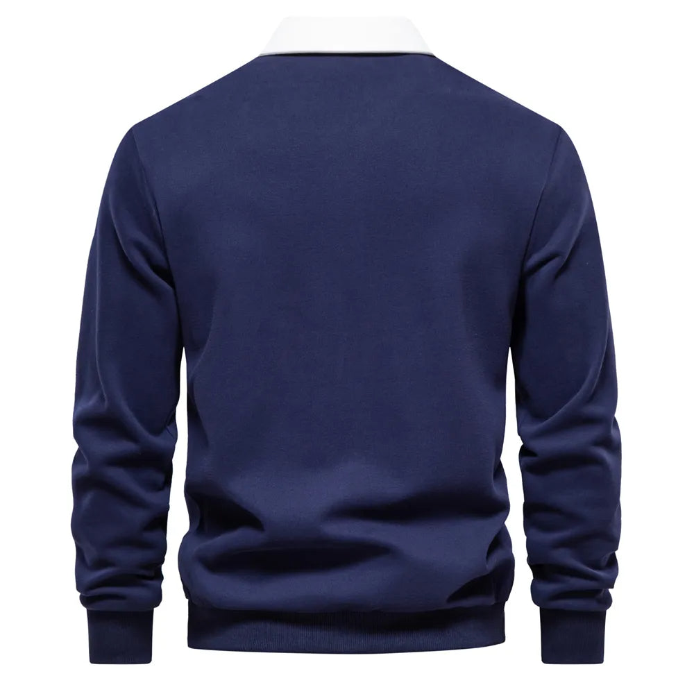 "Klassisches Rugby-Poloshirt für Herren, marineblau mit weißem Kragen, aus Baumwollmischung, sportlich-elegant."