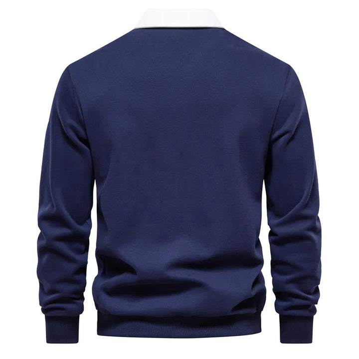 "Klassisches Rugby-Poloshirt für Herren, marineblau mit weißem Kragen, aus Baumwollmischung, sportlich-elegant."