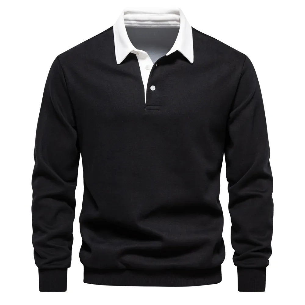 "Klassisches Rugby-Poloshirt für Herren, marineblau mit weißem Kragen, aus Baumwollmischung, sportlich-elegant."