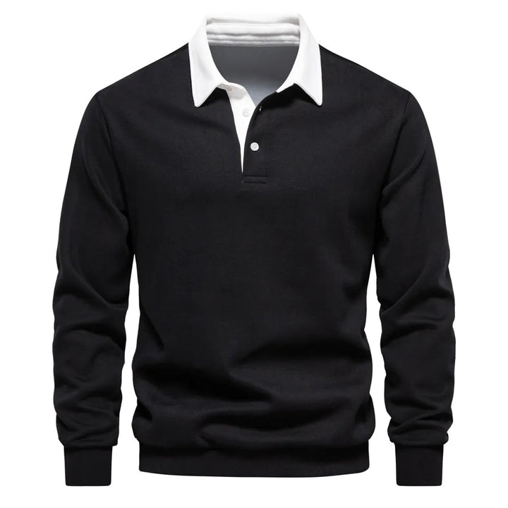 "Klassisches Rugby-Poloshirt für Herren, marineblau mit weißem Kragen, aus Baumwollmischung, sportlich-elegant."