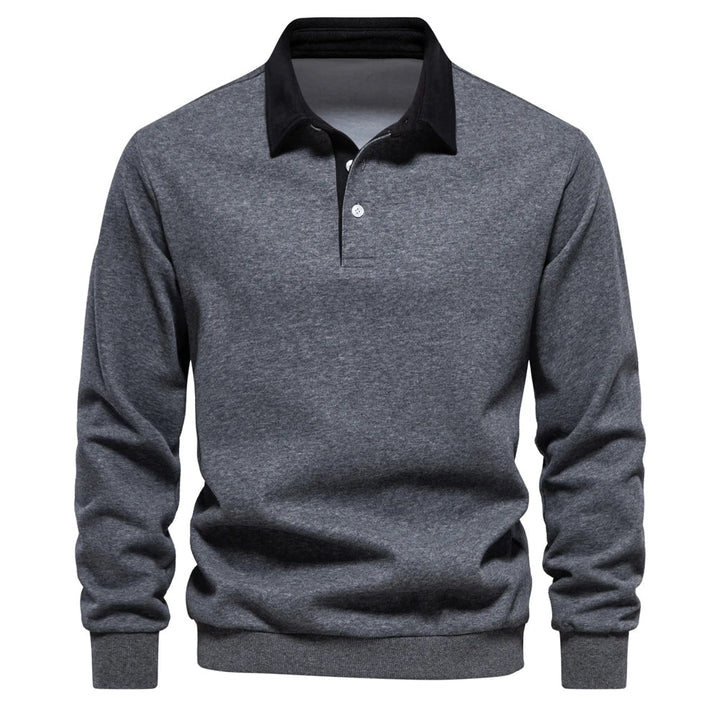 "Klassisches Rugby-Poloshirt für Herren, marineblau mit weißem Kragen, aus Baumwollmischung, sportlich-elegant."