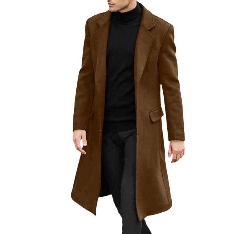 Knielanger Herrenmantel mit Reverskragen und Doppelknopf, stilvoll und elegant, ideal für formelle Anlässe.