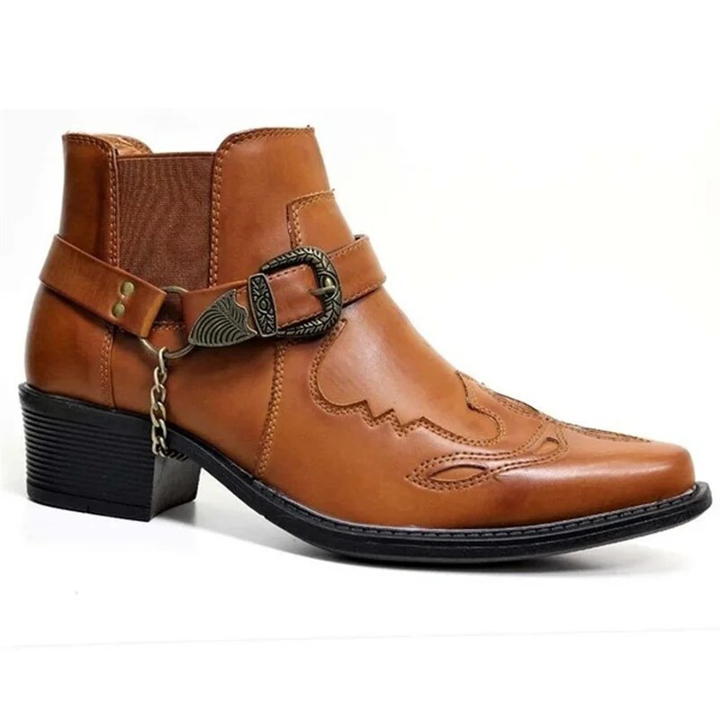Knöchelhohe Cowboy-Schlupfstiefel für Herren, aus Leder, mit robuster Sohle und stilvollem Design, ideal für jeden Anlass.