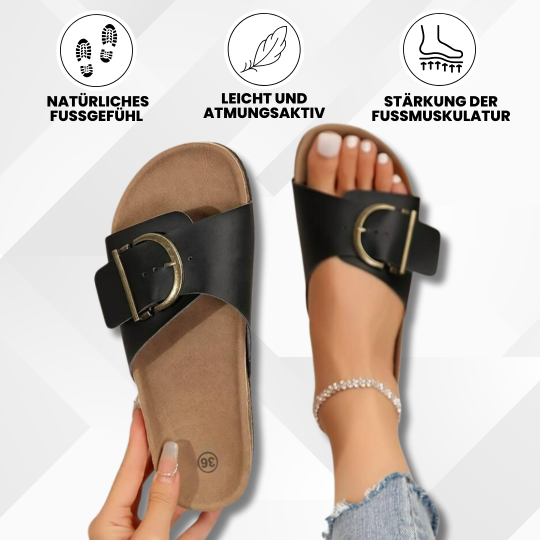 "Komfortable Damen-Korksandalen gegen Fußschmerzen, mit stylischen Schnallen und rutschfester Sohle in Rosa."