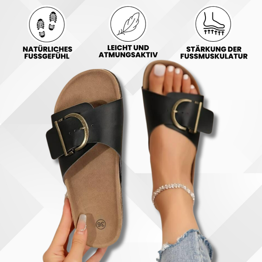 "Komfortable Damen-Korksandalen gegen Fußschmerzen, mit stylischen Schnallen und rutschfester Sohle in Rosa."