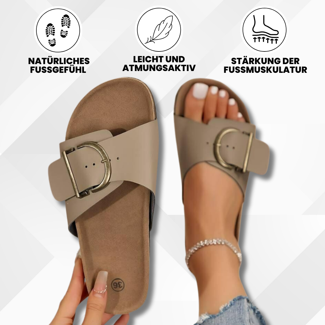 "Komfortable Damen-Korksandalen gegen Fußschmerzen, mit stylischen Schnallen und rutschfester Sohle in Rosa."