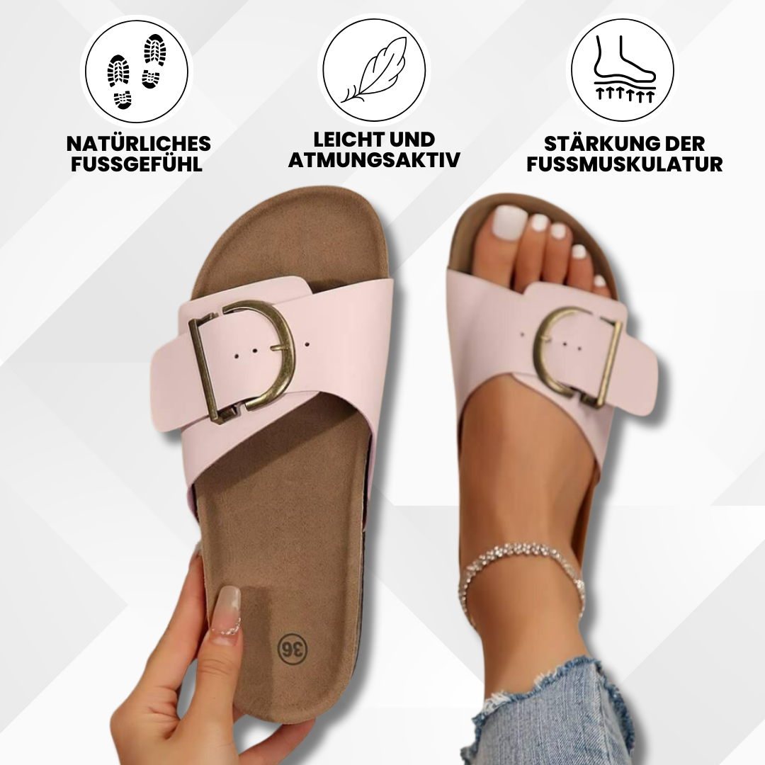"Komfortable Damen-Korksandalen gegen Fußschmerzen, mit stylischen Schnallen und rutschfester Sohle in Rosa."