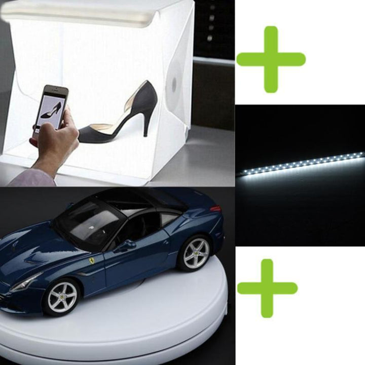 "Kompakte Foto-Studio-Lichtbox mit LED-Licht, weißem Hintergrund und Tragetasche für hochwertige Heim-Fotografie"